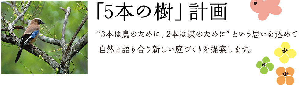 「5本の樹」計画 “3本は鳥のために、2本は蝶のために”という思いを込めて 自然と語り合う新しい庭づくりを提案します。