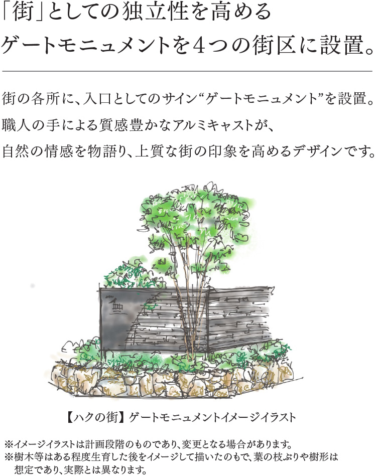 「街」としての独立性を高めるゲートモニュメントを4つの街区に設置。