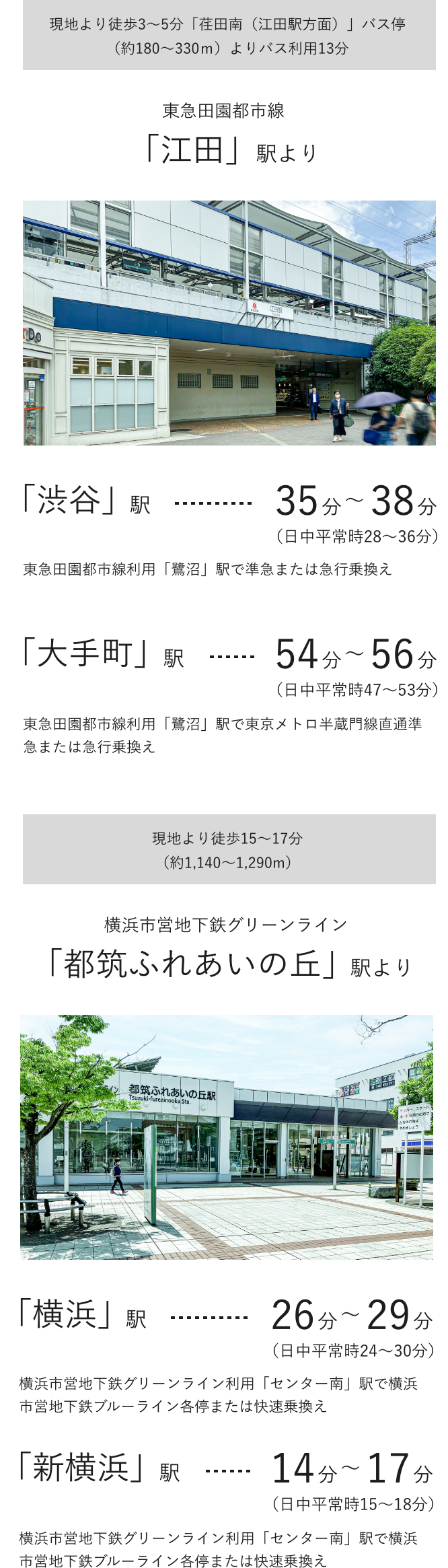 東急田園都市線「江田」駅より「渋谷」駅まで35〜38分、「大手町」駅まで54〜56分。横浜市営地下鉄グリーンライン「都筑ふれあいの丘」駅より「横浜」駅まで26〜29分、「新横浜」駅まで14〜17分