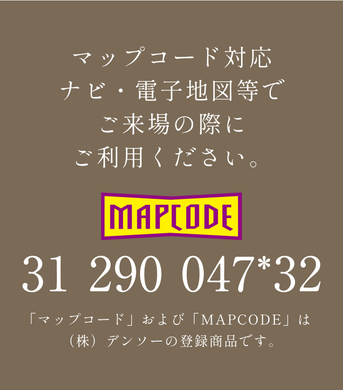 マップコード対応ナビ・電子地図等でご来場の際にご利用ください。31-290-047*32 「マップコード」および「MAPCODE」は(株)デンソーの登録商品です。