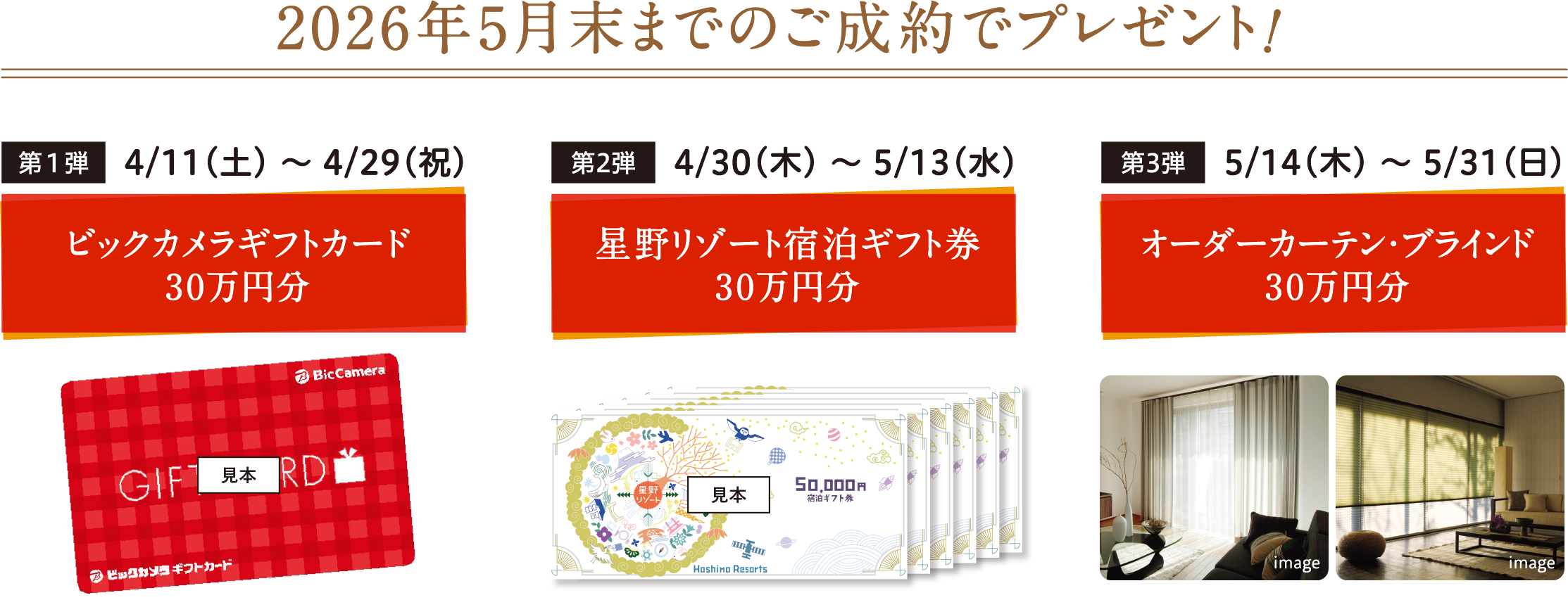 2026年5月末までのご成約でプレゼント！第１弾 4/11（土）～ 4/29（祝）ビックカメラギフトカード30万円分、第2弾 4/30（木）～ 5/13（水）星野リゾート宿泊ギフト券30万円分、第3弾 5/14（木）～ 5/31（日）オーダーカーテン・ブラインド30万円分