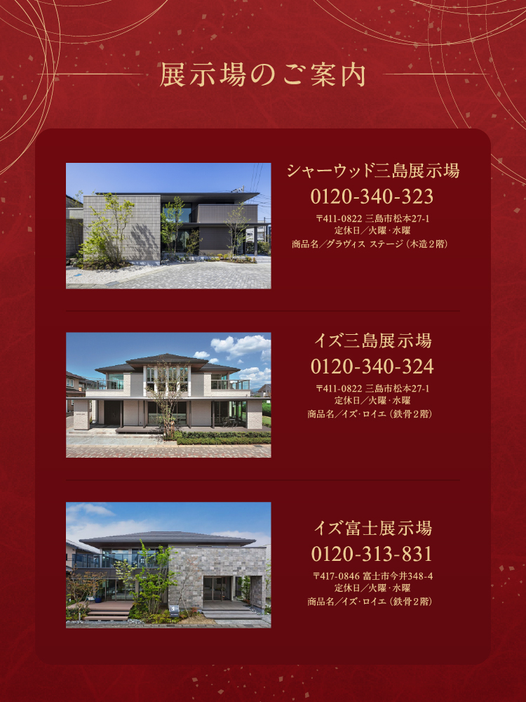 展示場のご案内　シャーウッド三島展示場、イズ三島展示場、イズ富士展示場