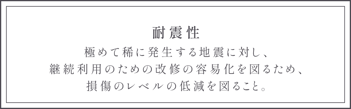 耐震性 極めて稀に発生する地震に対し、継続利用のための改修の容易化を図るため、損傷のレベルの低減を図ること。
