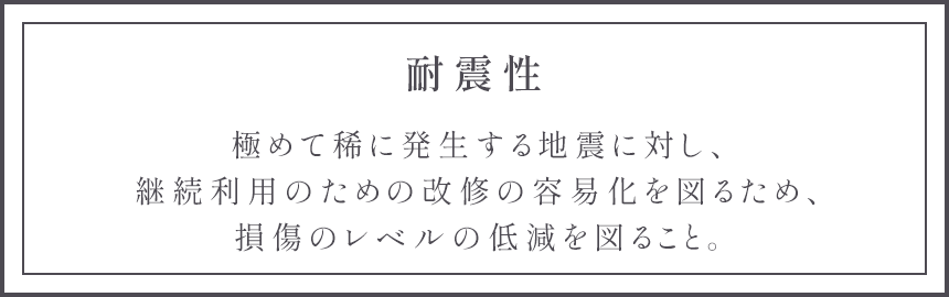 耐震性 極めて稀に発生する地震に対し、継続利用のための改修の容易化を図るため、損傷のレベルの低減を図ること。