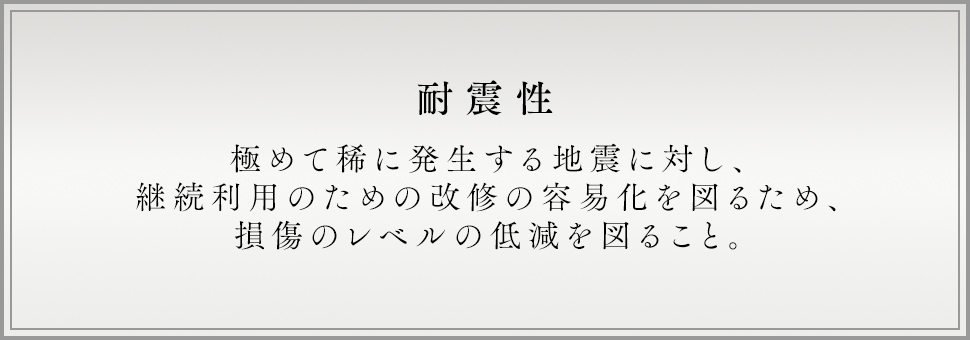 耐震性 極めて稀に発生する地震に対し、継続利用のための改修の容易化を図るため、損傷のレベルの低減を図ること。