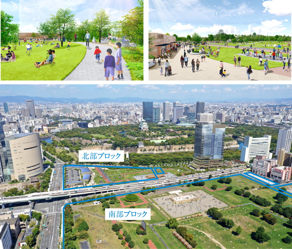 （上左）北部ブロックイメージ（南西より）（上右）北部ブロックイメージ（北より）（下）鳥瞰イメージ（南西より）　提供：NTT都市開発
