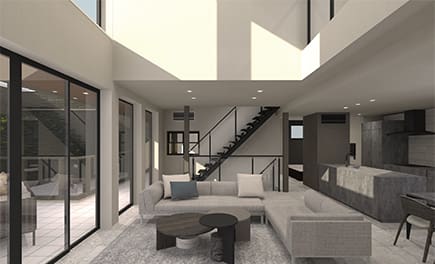 ビルトインガレージとプライベートコートのある洗練された邸宅