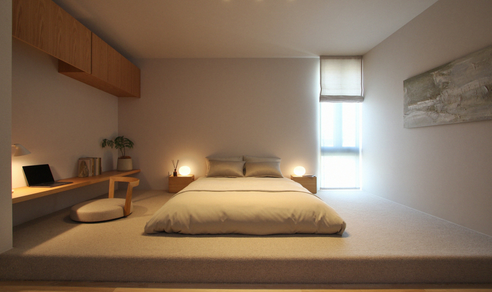 床を一段あげて落ち着きのある寝室に。保温性と調湿性の高い、当社オリジナルのウールカーペットは、毎日の疲れを癒したい寝室に適しています。