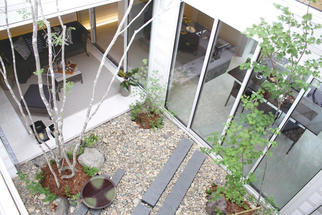 室内と屋外をつなぎ、一体感を演出。緑溢れる中庭空間です。