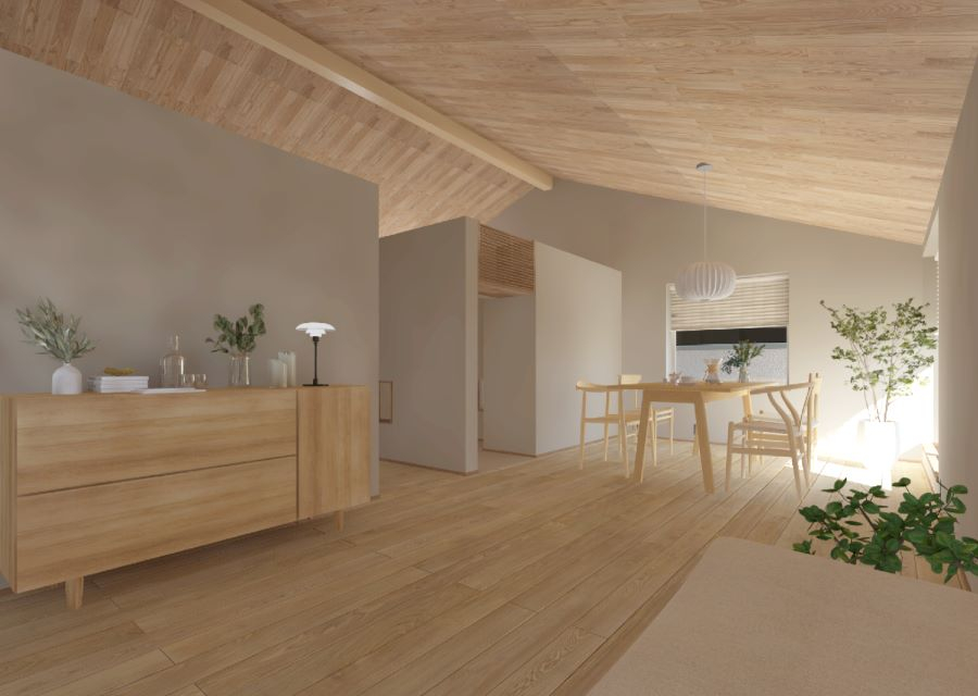 室内外の空間を緩やかにつなぐ勾配天井。
木の質感豊かにそのまま軒へとつながり、
まるで木陰のような中間領域を生み出します。