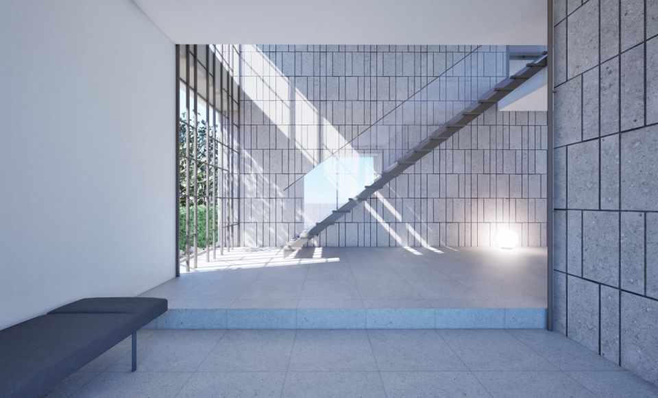 上質な白河石と吹き抜け階段から差し込む光がゲストを迎え入れます。