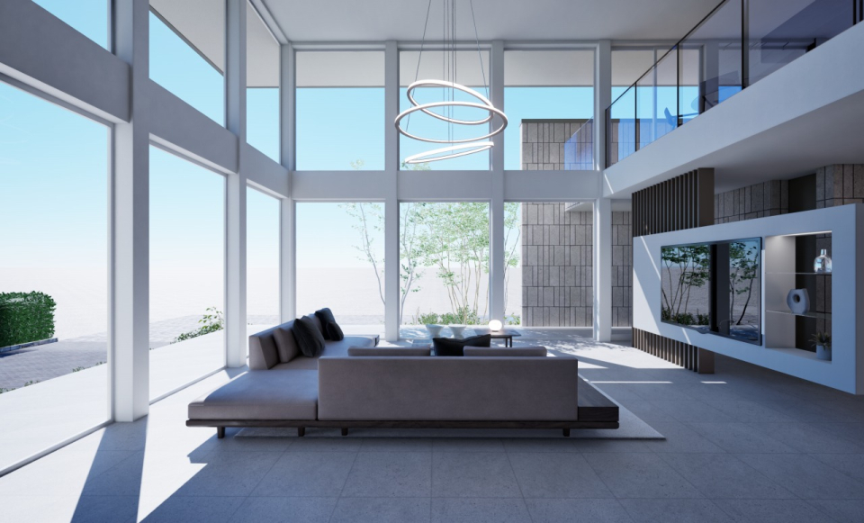 大きな吹き抜けのある開放的なリビング。