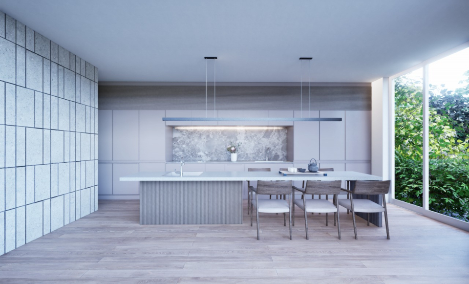 緑の光を感じられる静寂な空間の中にダイナミックさを演出する造作キッチン。