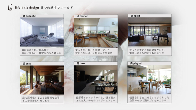 時間と共に愛着を編み込む住まいの提供。
積水ハウスが提案する6つの感性フィールドを入り口に、お客様の好みの感性を共有しながら、それぞれの価値や嗜好に沿ったインテリアづくりを行います。