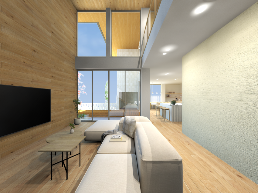 吹抜けで上部のセカンドリビングと、大開口サッシで外の居どころと繋がるリビングです。

※図面を元に描き起こした完成予想パースのため、実際とは異なる場合がございます。