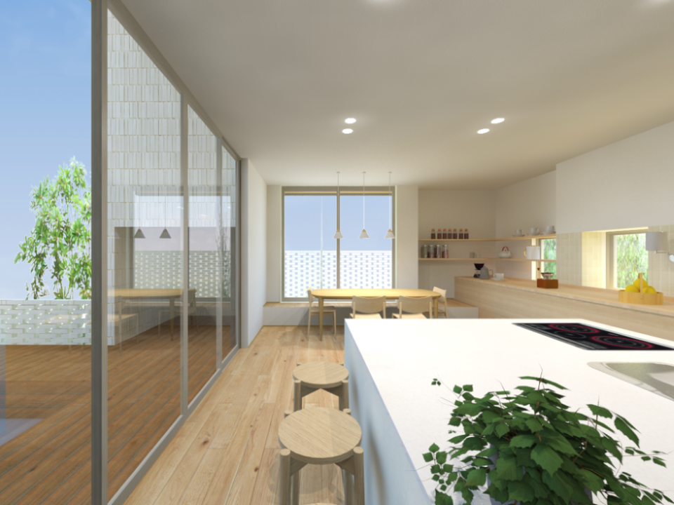 朝日を浴びながら食事ができる気持ちのいいダイニングスペース。
そしてキッチンはゼロ動線キッチン。
忙しい朝の時間も効率よく準備～食事ができます。

※図面を元に描き起こした完成予想パースのため、実際とは異なる場合がございます。