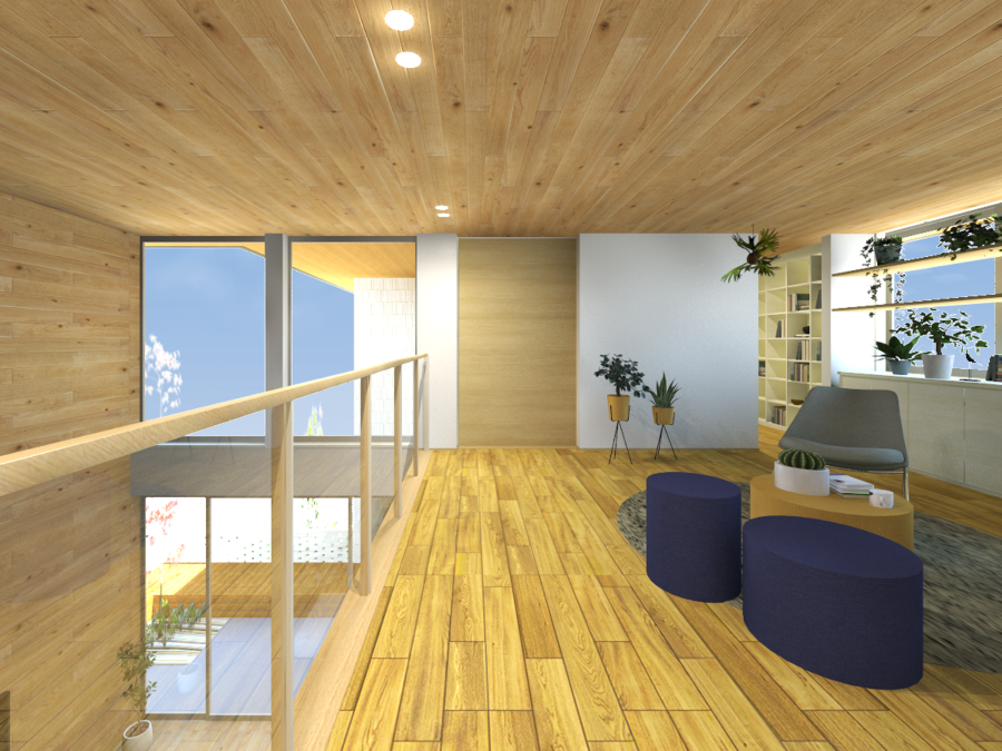 吹抜と繋がるセカンドリビング。南面からの光を感じながらくつろげる空間です。

※図面を元に描き起こした完成予想パースのため、実際とは異なる場合がございます。