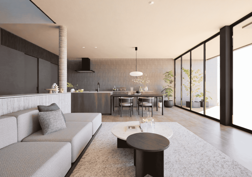 陽だまりの豊かさに包まれたダイニングキッチンは、自然に家族が集まる仕掛けが散りばめられています。
料理をしながらも家族を見守れる位置関係が心地よく、日常の会話や笑顔が自然と広がる、温もり溢れる暮らしの中心となる空間です。