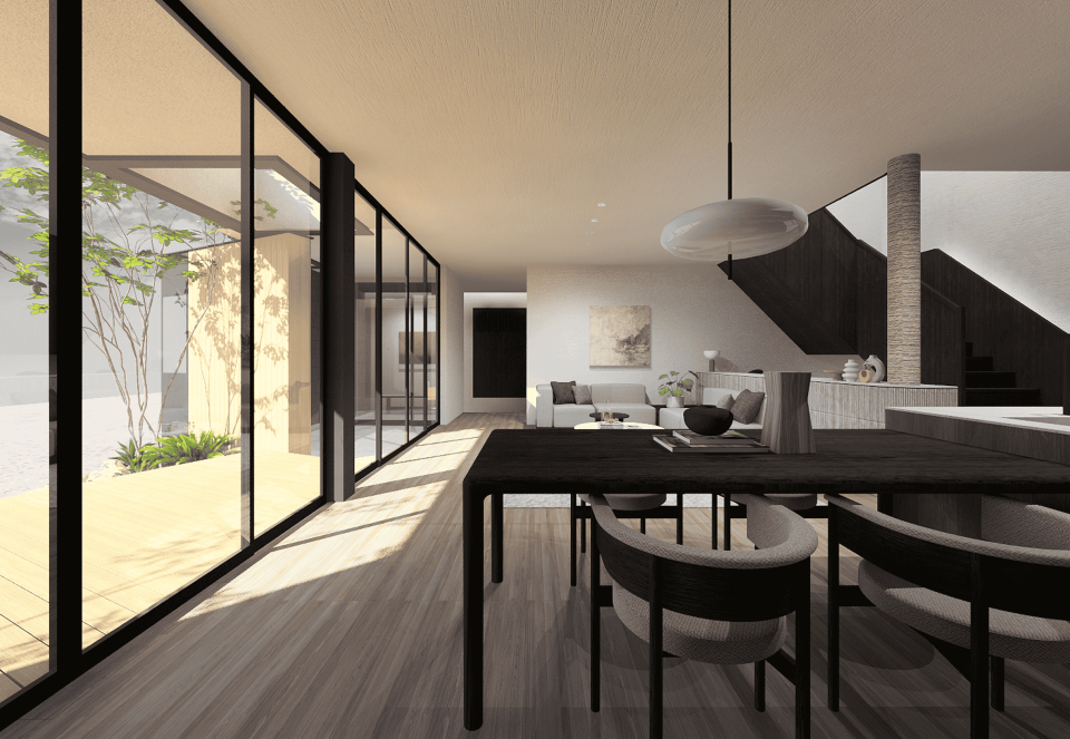 陽だまりに包まれ、風や自然の動きを感じられるデッキテラス。手間をかける喜びや味わい深い素材が語りを誘い、家族の歴史を刻む場となります。近所の人との会話も生まれ、暮らしに開かれた心地よい交流の場を育む空間です。