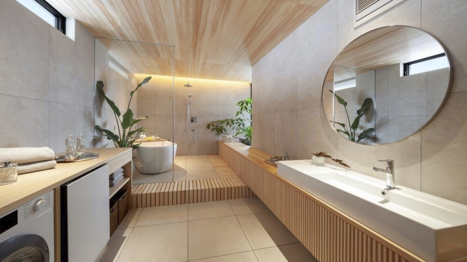 ヒノキの素材にこだわった、ホテルライクな空間。洗面所や洗濯機も同じ空間にありサニタリーとしても使用できます。