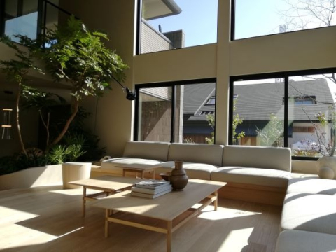 スキップフロアと大きな吹き抜けで構成されたリビング空間です。
 屋内のグリーンと植栽に囲まれた居心地の良い空間をつくりだしております。