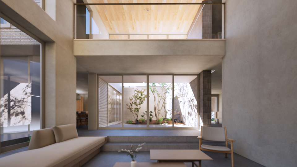 大きな窓から光が差し込み、中庭へと視線が抜ける開放感が魅力的です。