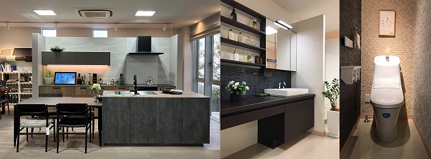 ２階では最新の住宅設備を展示しております。
キッチン・お風呂・洗面化粧台・トイレなど、
各メーカーの特徴や使い勝手などもご紹介しております。