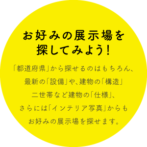 お好みの展示場を
探してみよう！「都道府県」から探せるのはもちろん、最新の「設備」や、建物の「構造」二世帯など建物の「仕様」、さらには「インテリア写真」からもお好みの展示場を探せます。