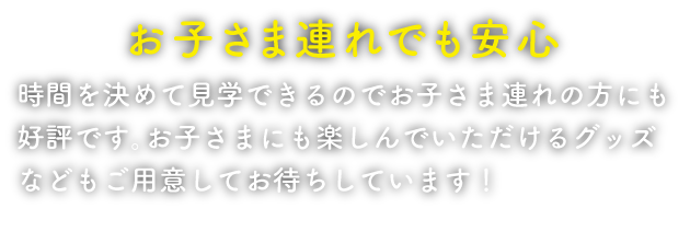 お子さま連れでも
安心 時間を決めて見学できるのでお子さま連れの方にも好評です。お子さまにも楽しんでいただけるグッズなどもご用意してお待ちしています！