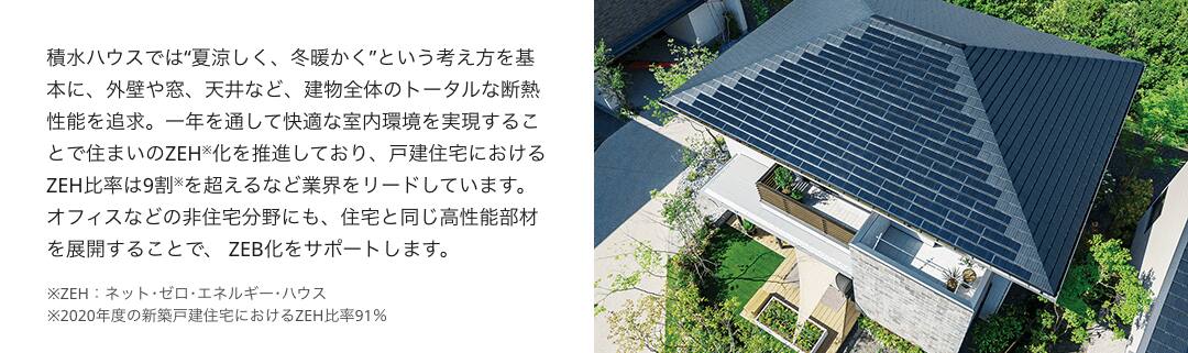 積水ハウスでは“夏涼しく、冬暖かく”という考え方を基本に、外壁や窓、天井など、建物全体のトータルな断熱性能を追求。一年を通して快適な室内環境を実現することで住まいのZEH※化を推進しており、戸建住宅におけるZEH比率は9割※を超えるなど業界をリードしています。オフィスなどの非住宅分野にも、住宅と同じ高性能部材を展開することで、 ZEB化をサポートします。