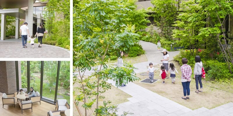 閑静な住宅地の中で、まちなみに調和して佇むマンション。敷地内の豊かな緑が住民同士の新しい交流を呼び、コミュニティを豊かに育んでいます。