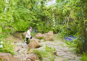 在来種を中心とした「5本の樹」計画と「レインガーデン（雨の庭）」で、地域の緑と響き合う自然環境に