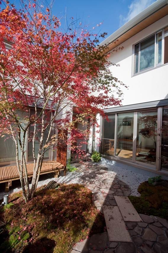 建物の二面が庭に面して、自然の光と風をふんだんに取り込む。