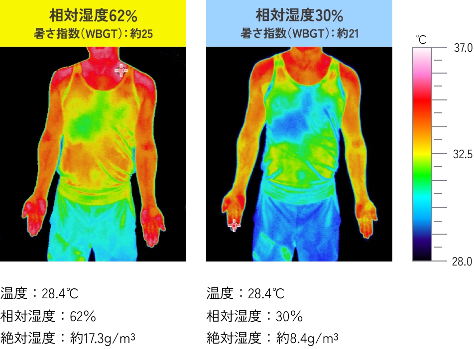相対湿度62% 暑さ指数（WBGT）約25 サーモグラフィー 相対湿度30% 暑さ指数（WBGT）約21 サーモグラフィー