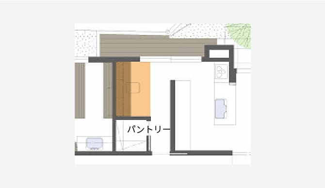 ＜図面＞キッチン裏で家事もしやすいスペース。