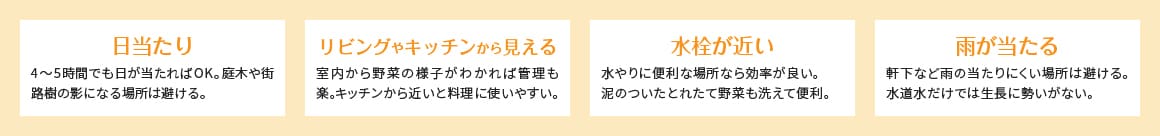 ＜イメージ＞日当たり　リビングやキッチンから見える　水栓が近い　雨が当たる