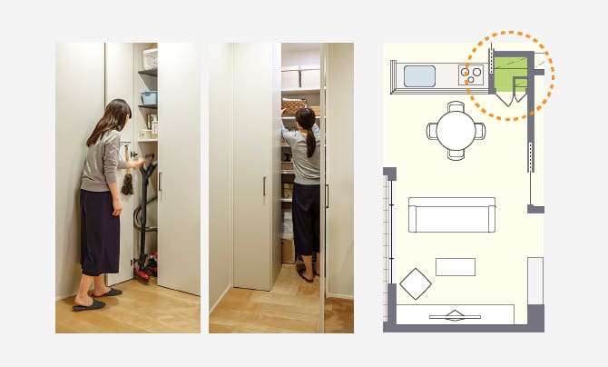 ＜イメージ＞手前に掃除用具専用の収納を、奥にリビング周りで使う日用品類を収納することができる、ウォークインタイプの「お掃除リビクロ」。掃除用具と日用品を分けて収納でき、衛生面でも安心です。