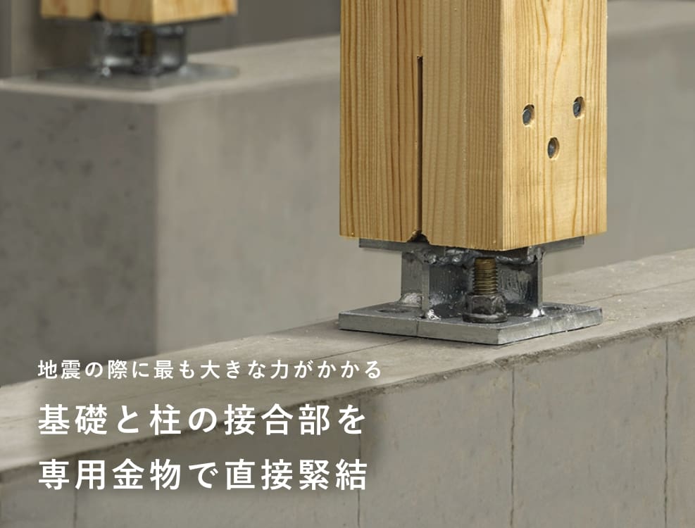 地震の際に最も大きな力がかかる基礎と柱の接合部分を専用金物で直結緊結